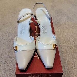 Salvatore Ferragamo Cream Slingback Heels with Gold Accent